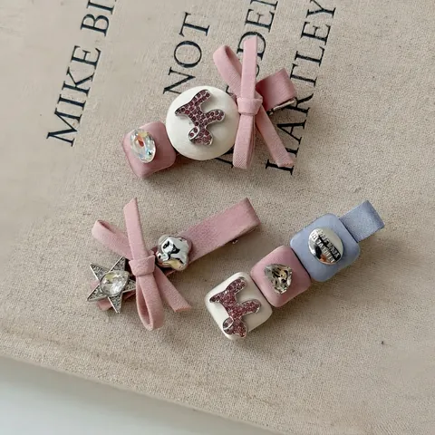 Korean Style Shiny Sweet Bow Rhinestone Hair Clip Set Alloy Satin Fabric Side Clip Bang Clip For Women Fashion Hair Accessories