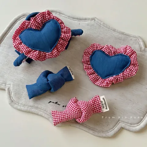 Fermaglio per Capelli con Fiocco in Gingham Denim Fatto a Mano Pinza per Capelli a Cuore Vintage Dolce Pastorale Plaid
