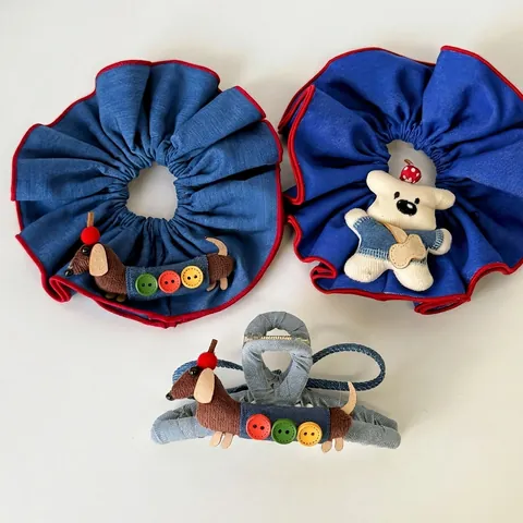 Handmade Cartoon Dachshund Puppy Scrunchies Hair Clips Denim Fabric Red Piping Button Decor Hair Accessories For Women Girls