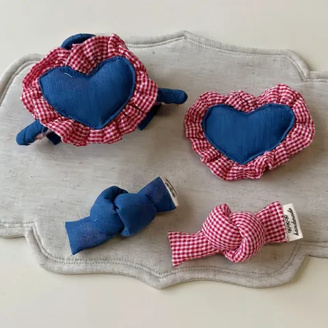 Fermaglio per Capelli con Fiocco in Gingham Denim Fatto a Mano Pinza per Capelli a Cuore Vintage Dolce Pastorale Plaid