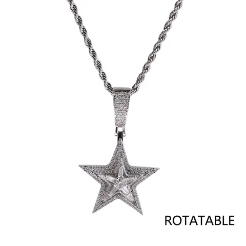 Hip Hop Rotatable Five-Pointed Star Pendant Necklace Copper Rhinestone Iced Out Bling Star Necklace Rope Chain Jewelry