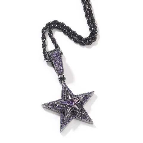 Hip Hop Rotatable Five-Pointed Star Pendant Necklace Copper Rhinestone Iced Out Bling Star Necklace Rope Chain Jewelry