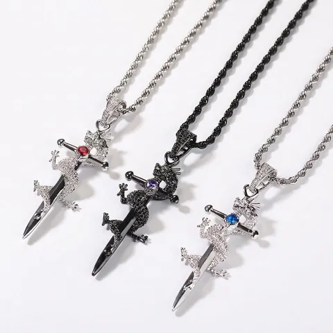 Collana con Ciondolo a Forma di Drago Avvolto Intorno alla Spada Hip Hop Catena a Corda in Acciaio Inox Gioielli Punk Gothic per Uomo