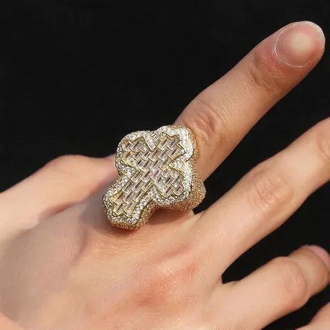 Hip Hop Retro Cross Ring For Men Women Iced Out Baguette Zirconia Inlaid Copper Gold Silver Plated Fashion Finger Ring Jewelry