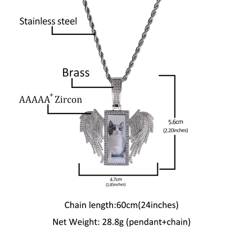 Hip Hop Iced Out Engel Vleugels Rechthoek Foto Geheugen Hanger Ketting Messing Zirconia Touwketting Memorial Sieraden Unisex