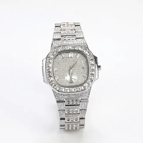 Lujoso Reloj de Cuarzo Cuadrado Punk Con Strass Iced Out Hip-Hop Moda Reloj de Pulsera Impermeabile Con Calendario Para Hombre