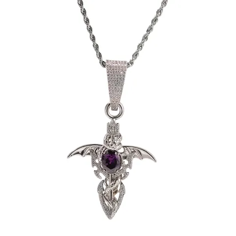 Collier Pendentif Épée du Diable Gothique Hip Hop Cuivre Zirconia Incrusté Aile Croix Serpent Dragon Bijoux Homme