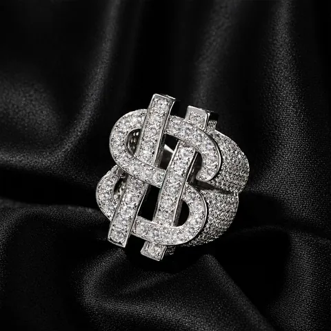 Hip Hop Iced Out Dollar Sign Ring For Men Copper Pave AAAAA Zirconia Gold Silver Plated Big Finger Band Ring Jewelry