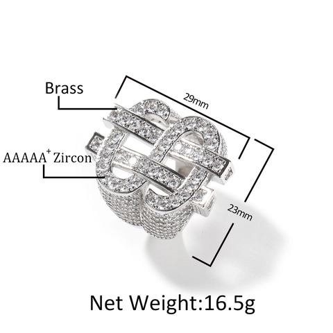 Hip Hop Iced Out Dollar Sign Ring For Men Copper Pave AAAAA Zirconia Gold Silver Plated Big Finger Band Ring Jewelry