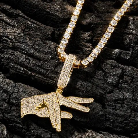 Hip Hop Hand Gesture Pendant Necklace Copper AAA Zircon Iced Out Men Streetwear Jewelry Gold Silver Rope Chain
