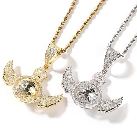 Hip Hop Koper Zirconia Vleugels Globe Kroon Hanger Ketting Iced Out Planeet Vleugel Hanger Ketting Met Touwketting Voor Heren Dames