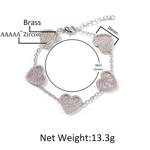 Trendy Heart Shape Copper Bracelet With Zirconia Inlaid Luxury Hearts Link Chain Bracelet For Women Hip Hop Jewelry Accessory