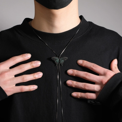 Hip Hop Kupfer Zirkonia Schmetterling Bolo-Krawatte Halskette Für Herren Damen Lange Edelstahl Schlangenkette Tier Schmuck Geschenk