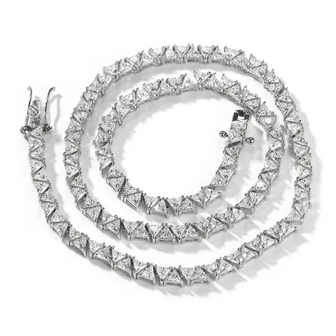 Collana a Catena Tennis Hip Hop Classica con Zirconia Triangolare Singola Fila Gioielli in Ottone per Uomo Oro Argento