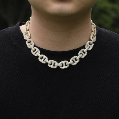 Hip Hop Retro Brass Zircon Mariner Link Necklace For Men Women Iced Out Pig Nose Chunky Chain Jewelry Gold Silver Plated