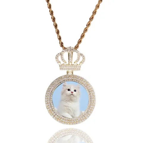 Collana Hip Hop con Ciondolo a Cornice Corona Ottone Zirconia Tondo Medaglione della Memoria Catena a Corda Gioielli Regalo