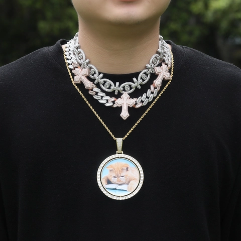 Collier Pendentif Cadre Photo Rotatif Double Face Hip Hop Cuivre Zirconia Serti de Diamants Médaillon Bijoux Pour Homme Femme