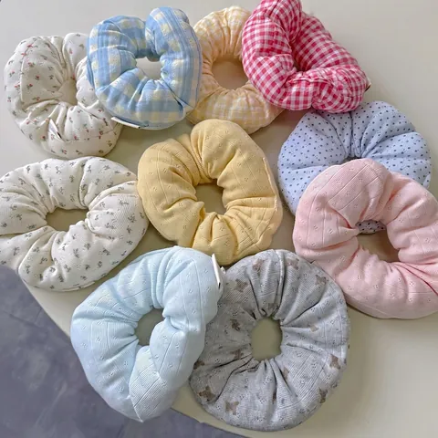 Elastico per Capelli in Tessuto a Quadretti Floreale Stile Coreano per Donna Grandi Elastici Imbottiti in Cotone Vintage Gingham