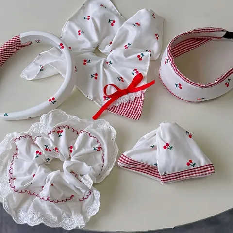 Lot de Chouchous et Serre-têtes en Tissu avec Imprimé Cerises Style Coréen Accessoires de Cheveux pour Femmes Filles