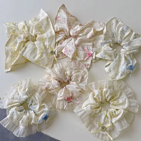 Coleteros de Lazo con Estampado Floral Dulce Estilo Coreano Ribete de Encaje Gomas de Pelo de Tela Hechas a Mano para Mujeres Niñas