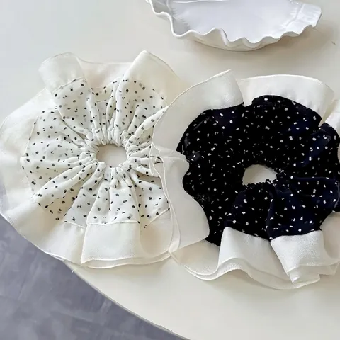Coletero Grande Elegante de Lunares para Mujer Goma de Pelo de Tela con Volantes Estilo Coreano Accesorios para el Cabello