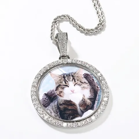 Collier Pendentif Cadre Photo Rotatif Double Face Hip Hop Cuivre Zirconia Serti de Diamants Médaillon Bijoux Pour Homme Femme