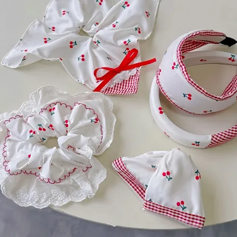 Lot de Chouchous et Serre-têtes en Tissu avec Imprimé Cerises Style Coréen Accessoires de Cheveux pour Femmes Filles