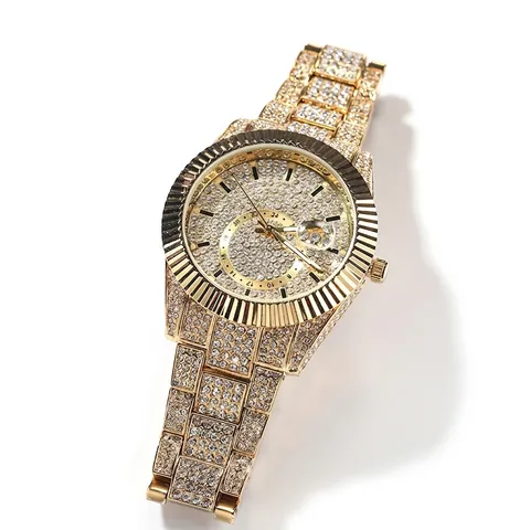 Reloj de Cuarzo de Lujo para Hombre Iced Out Totalmente de Strass Correa de Aleación Bisel Estriado Esfera Redonda Reloj de Pulsera de Moda Hip Hop