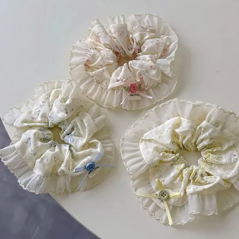 Coleteros de Lazo con Estampado Floral Dulce Estilo Coreano Ribete de Encaje Gomas de Pelo de Tela Hechas a Mano para Mujeres Niñas