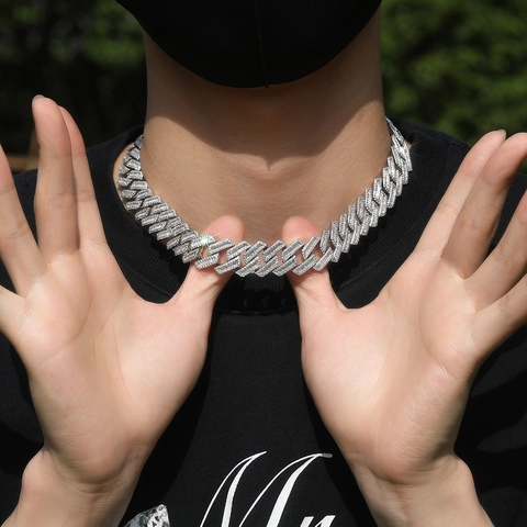 Hip Hop Wide Cuban Link Chain Necklace Copper Inlaid Zirconia Baguette Round Rhinestone Iced Out Jewelry Gold Silver Necklace Men