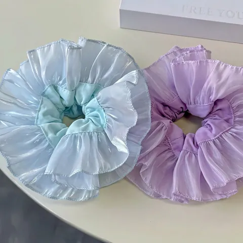 Korean Style Oversized Mesh Pleated Ruffle Hair Scrunchie Sweet Handmade Solid Color Mesh Elastic Hair Tie For Women Girls Hair Accessories