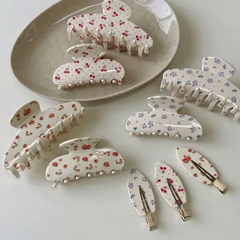Französisch Vintage Acetat Haarkralle Blumig Kirsche Muster Strass Süß Handgefertigt Haarschmuck Für Damen Tägliche Dekoration