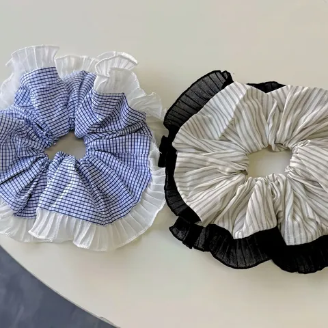 Style Coréen Frais Sucré Dentelle à Volants Plaid Chouchou Polyester Rayé Élastique Cheveux Versatile Élégant Accessoire Cheveux