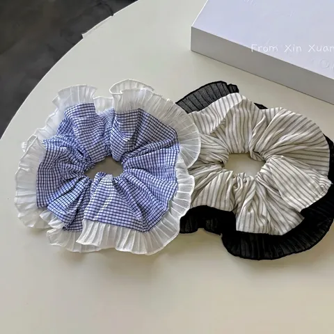 Style Coréen Frais Sucré Dentelle à Volants Plaid Chouchou Polyester Rayé Élastique Cheveux Versatile Élégant Accessoire Cheveux