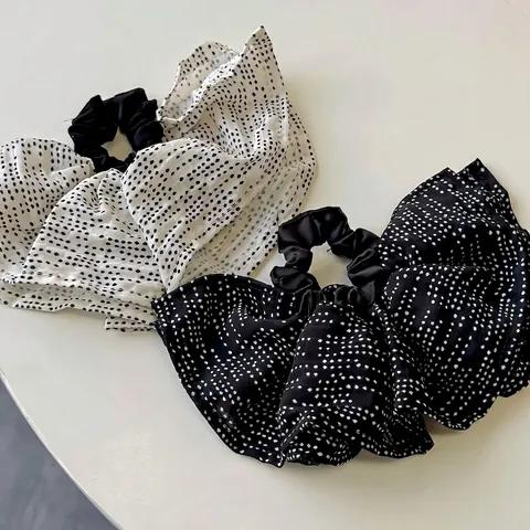 Scrunchie con Nastro a Pois Stile Coreano Oversize Elastico per Capelli in Tessuto Pieghettato Elegante Accessorio per Capelli Donna
