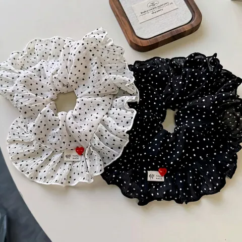 Grande Elastico per Capelli a Pois in Tessuto con Volant per Donna Stile Coreano con Bottone a Cuore e Etichetta Handmade