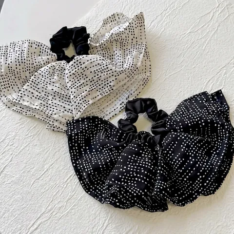 Scrunchie con Nastro a Pois Stile Coreano Oversize Elastico per Capelli in Tessuto Pieghettato Elegante Accessorio per Capelli Donna