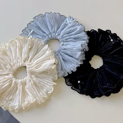 Korean Style Sweet Pleated Scrunchies For Women Bowknot Artificial Pearl Hair Ties Large Fabric Hair Bands Elegant Daily Headwear