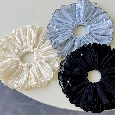 Korean Style Sweet Pleated Scrunchies For Women Bowknot Artificial Pearl Hair Ties Large Fabric Hair Bands Elegant Daily Headwear