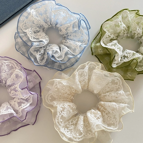 Chouchous en Dentelle à Carreaux Style Coréen pour Femmes Broderie Florale Grands Chouchous Accessoires Cheveux Élégants