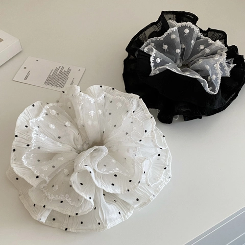 Korean Sweet Polka Dot Lace Scrunchie Large Vintage Fabric Hair Tie Gentle Embroidery Hair Accessory For Women Girls Hair Rope