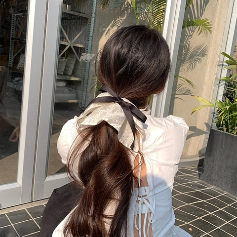 French Vintage Oversized White Lace Scrunchies For Women Floral Embroidery Hair Tie With Black Ribbon Bow Handcrafted