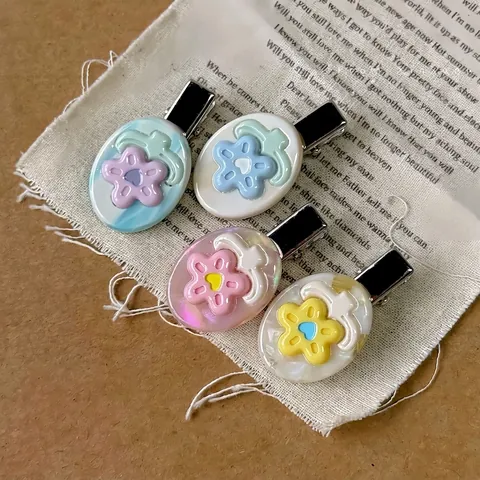 Pince à Cheveux Doux Style Coréen Fleur Colorée Acétate Bec de Canard Ovale Accessoire de Coiffure pour Femmes Filles