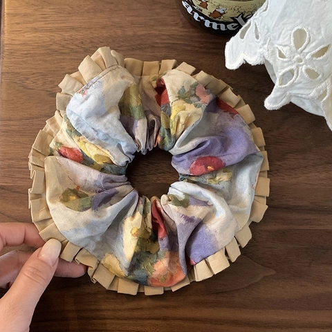 Vintage Scrunchie με Λουλουδάτη Ελαιογραφία για Γυναίκες Μεγάλο Υφασμάτινο Λάστιχο Μαλλιών με Πλισέ Υψηλή Ελαστικότητα
