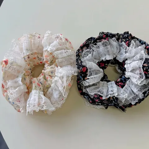 Korean Style Multi-layer Floral Lace Scrunchie For Women Retro Sweet Large Hair Ring Handmade Ponytail Holder Accessory
