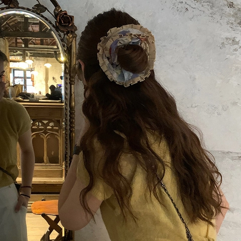Vintage Scrunchie με Λουλουδάτη Ελαιογραφία για Γυναίκες Μεγάλο Υφασμάτινο Λάστιχο Μαλλιών με Πλισέ Υψηλή Ελαστικότητα