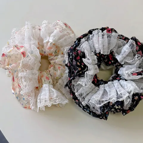 Korean Style Multi-layer Floral Lace Scrunchie For Women Retro Sweet Large Hair Ring Handmade Ponytail Holder Accessory