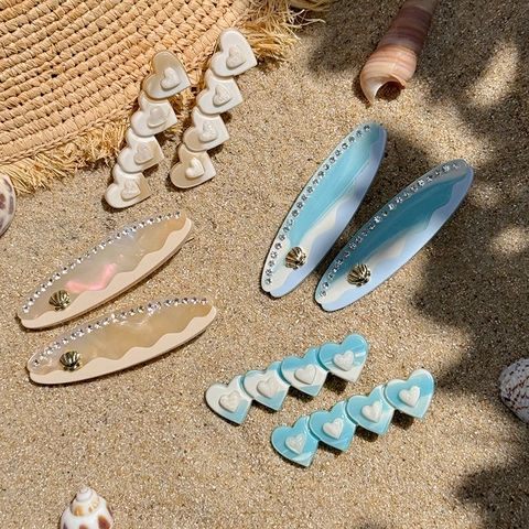 Pinzas para el Cabello de Acetato de Celulosa Estilo Océano Concha Corazón para Mujer Vacaciones en la Playa Diamantes de Imitación