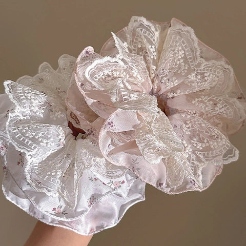Oversized Elastico per Capelli con Bordo in Pizzo e Fiori Chiffon Elegante Stile Francese Accessori per Capelli per Donna Festa