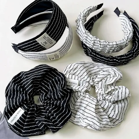 Koreanisch Minimalistisch Schwarz Weiß Gestreift Stoff Haarreif Und Haargummi Handgefertigt Schleife Haarschmuck Für Damen Alltag